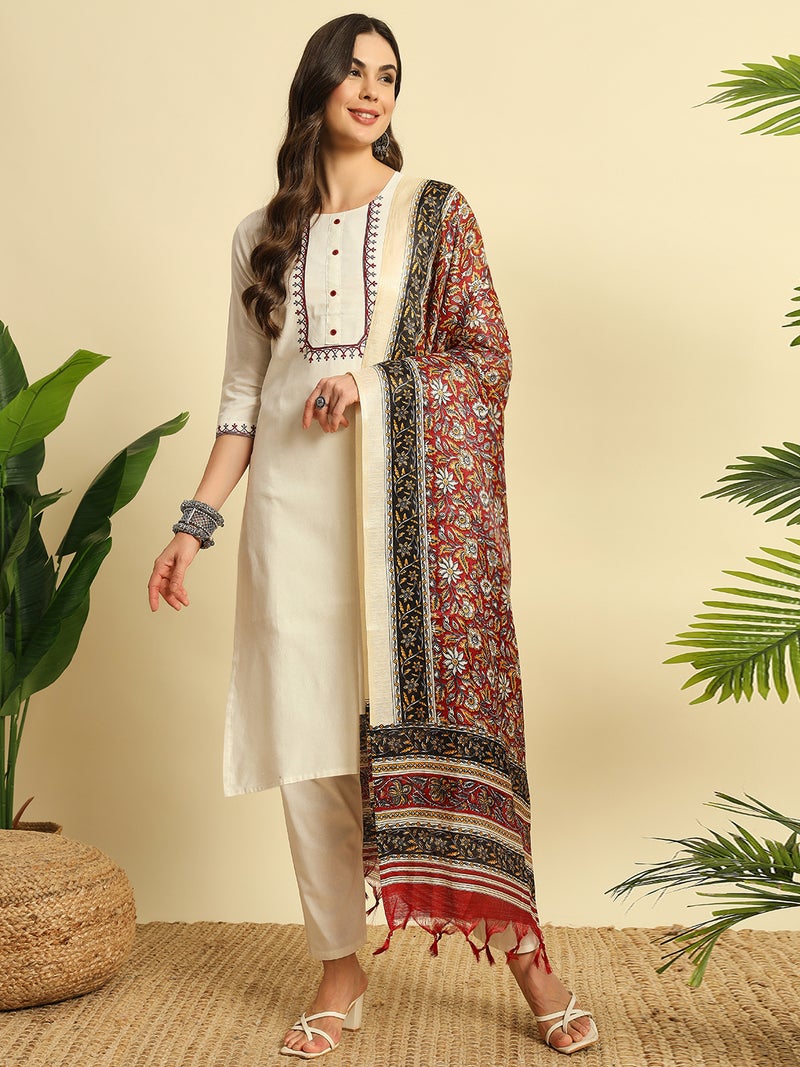 VISHVA CREATION Off-White Kurta Set with Vibrant Printed Dupatta for Women - Image 1